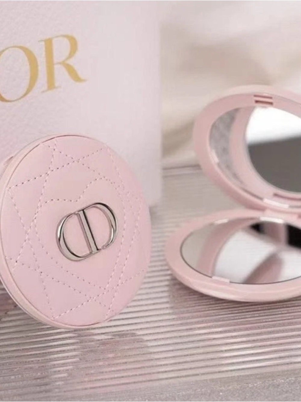 Dior Soft Pink Quilted Compact Mirror with Silver CD Emblem